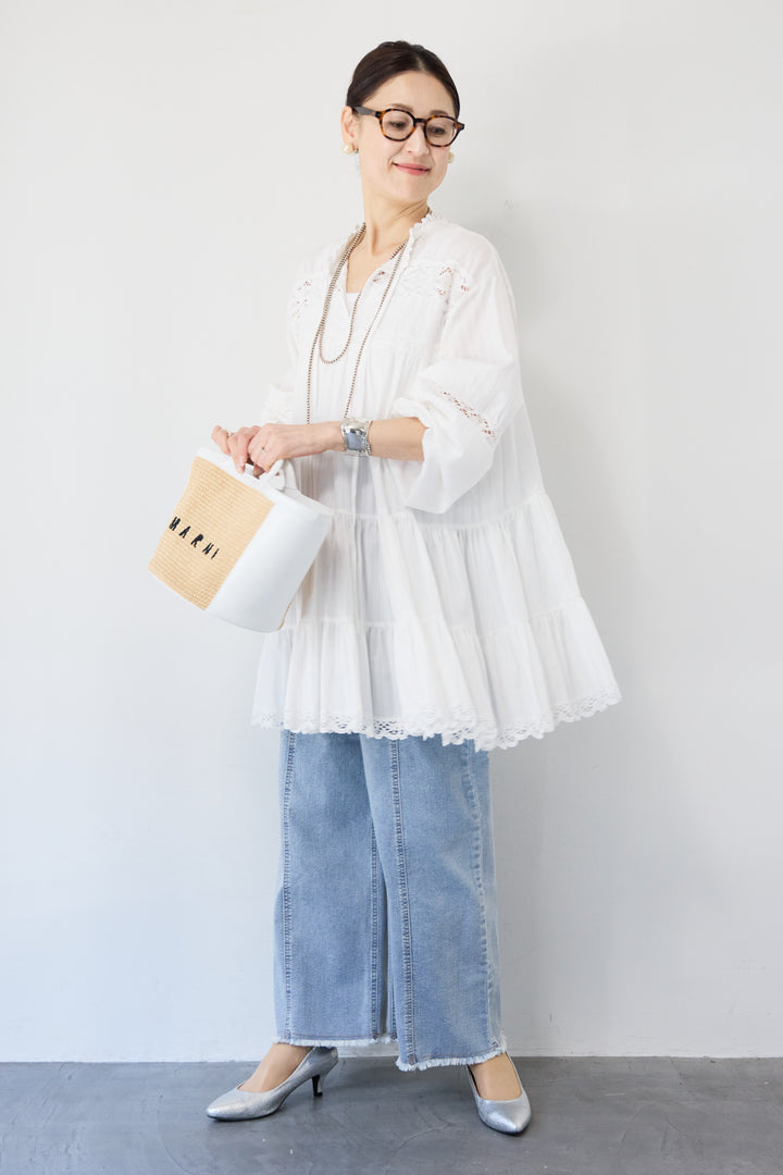 ステッチデザインストレッチデニムワイドパンツ