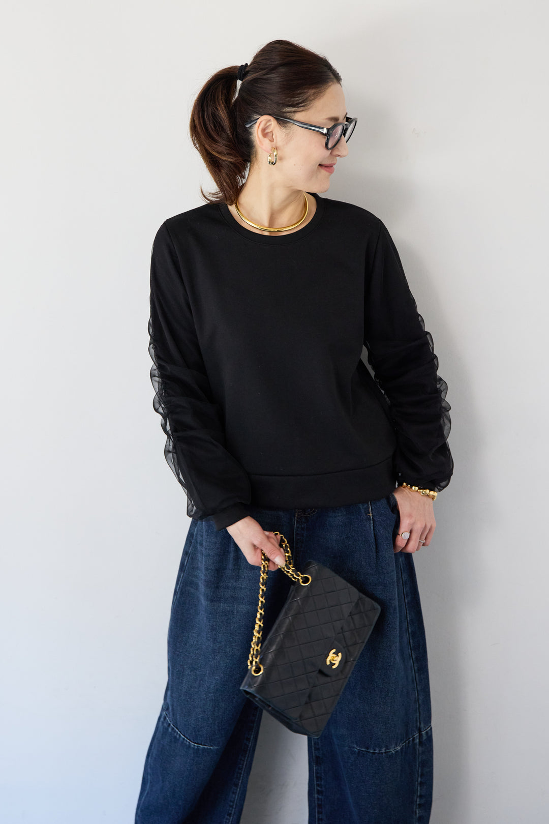 チュールスリーブ ドッキングプルオーバー