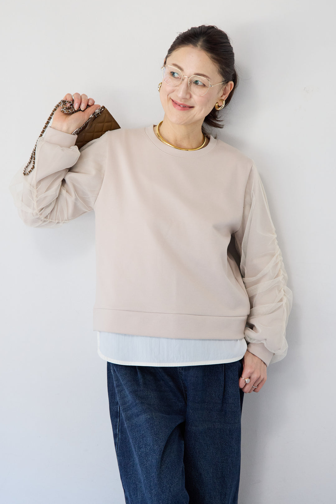 チュールスリーブ ドッキングプルオーバー