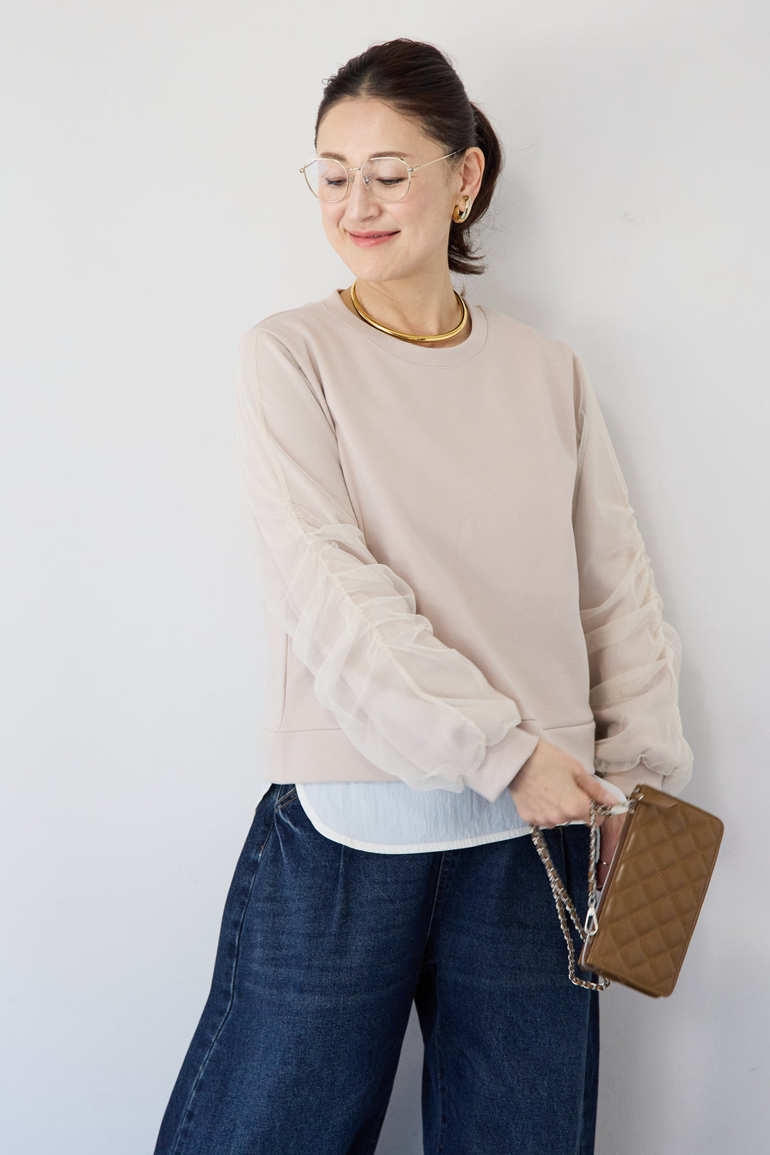 チュールスリーブ ドッキングプルオーバー