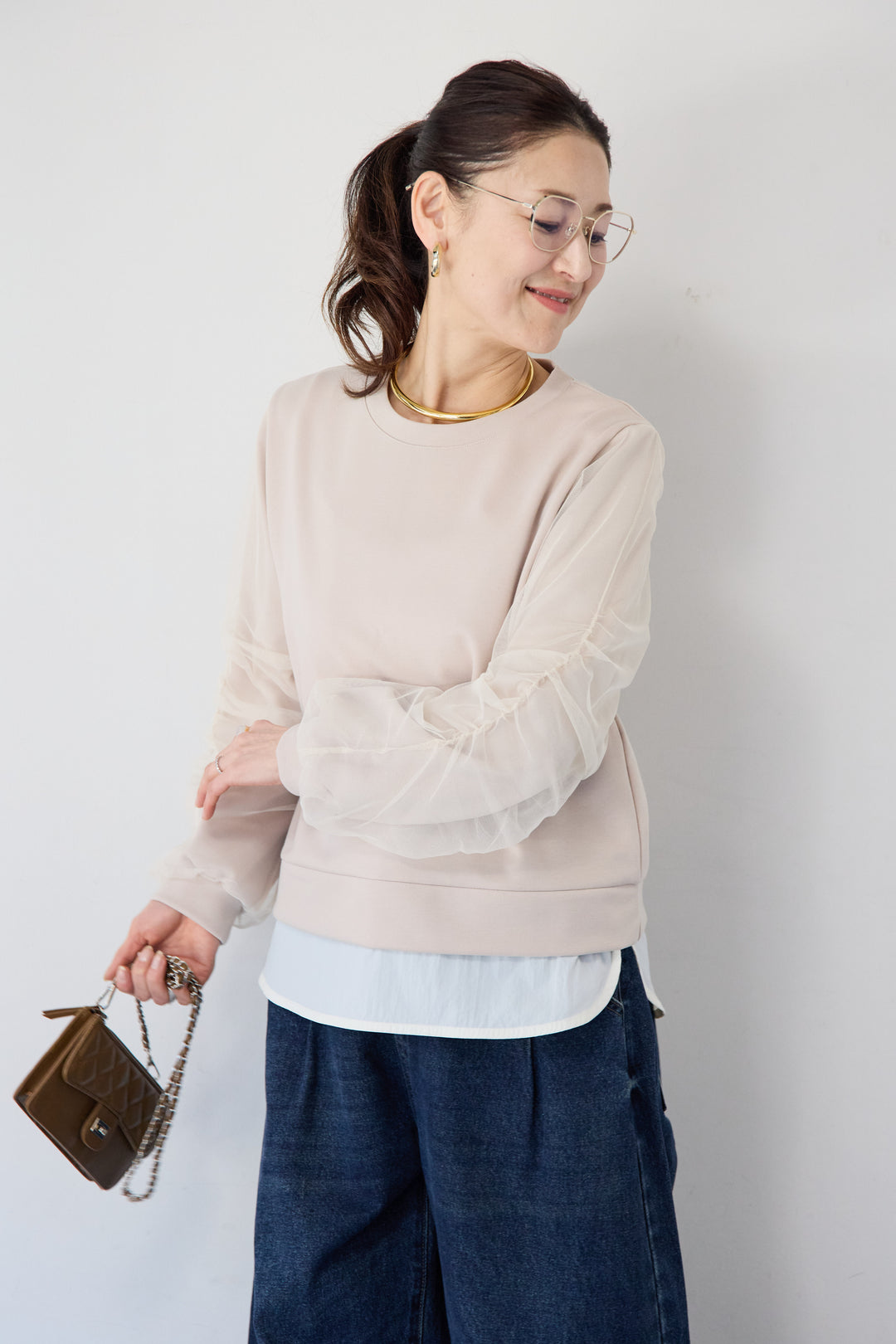 チュールスリーブ ドッキングプルオーバー