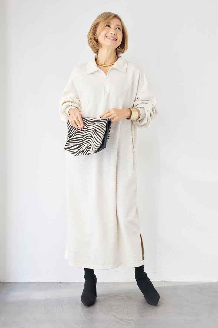 ハーフジップ・ルーズスウェットマキシワンピース