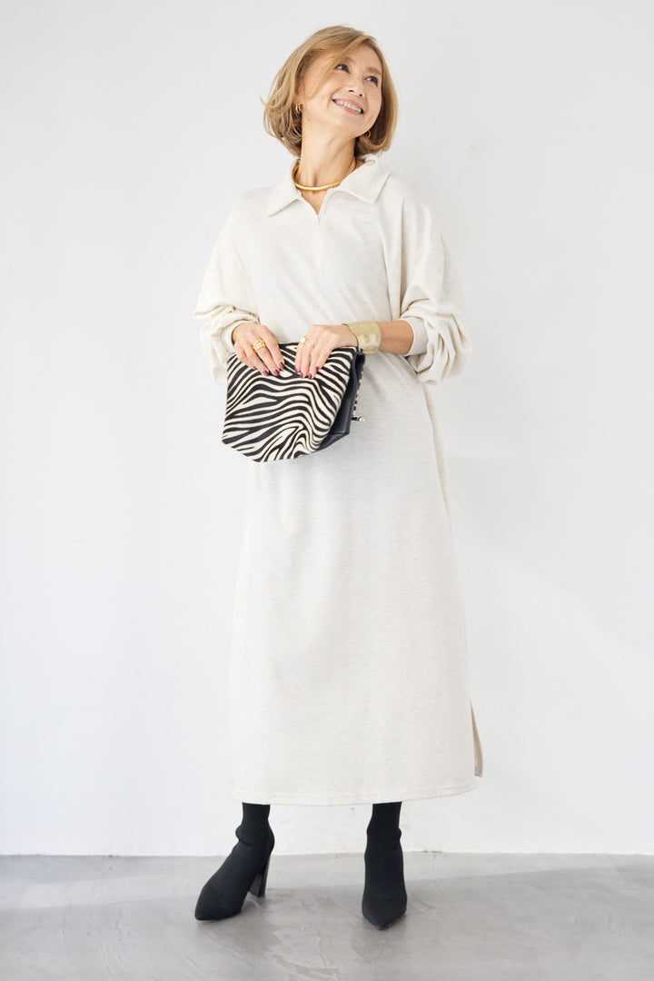 ハーフジップ・ルーズスウェットマキシワンピース