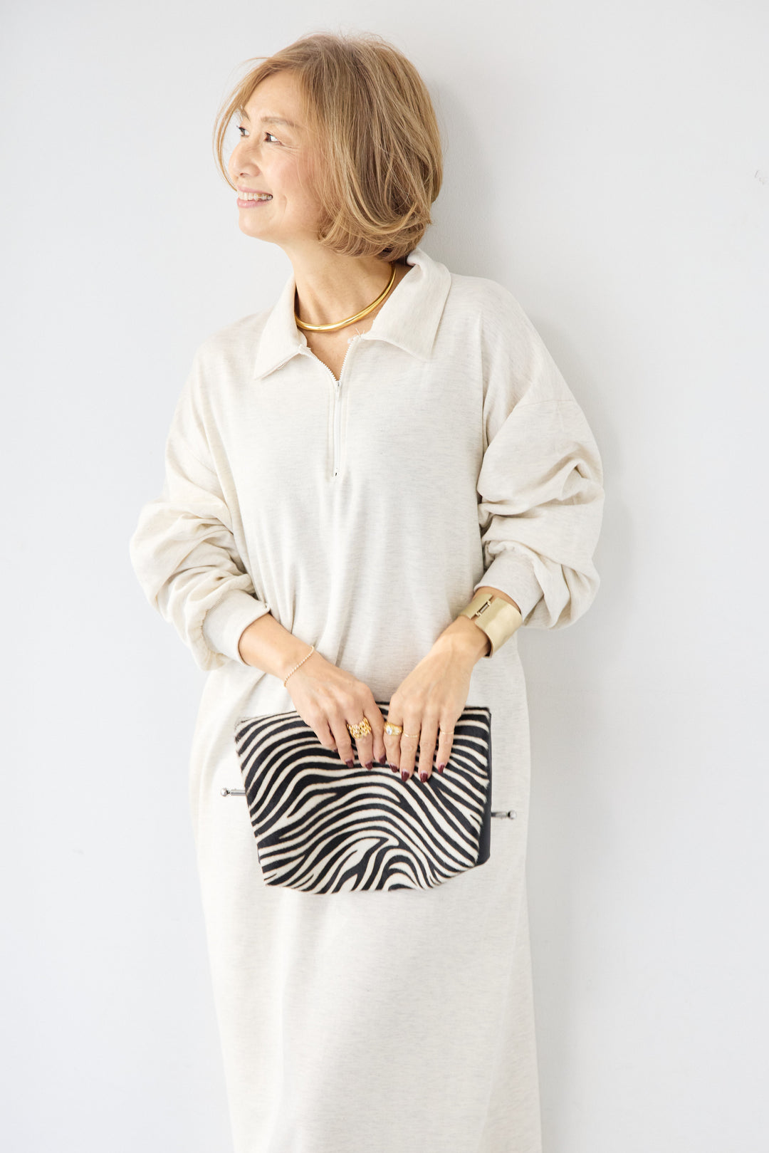 ハーフジップ・ルーズスウェットマキシワンピース