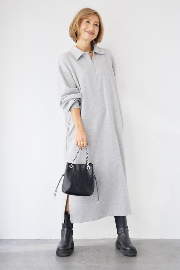 ハーフジップ・ルーズスウェットマキシワンピース