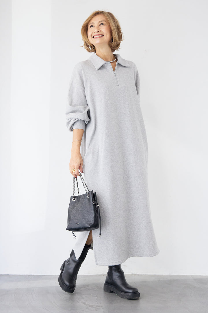 ハーフジップ・ルーズスウェットマキシワンピース