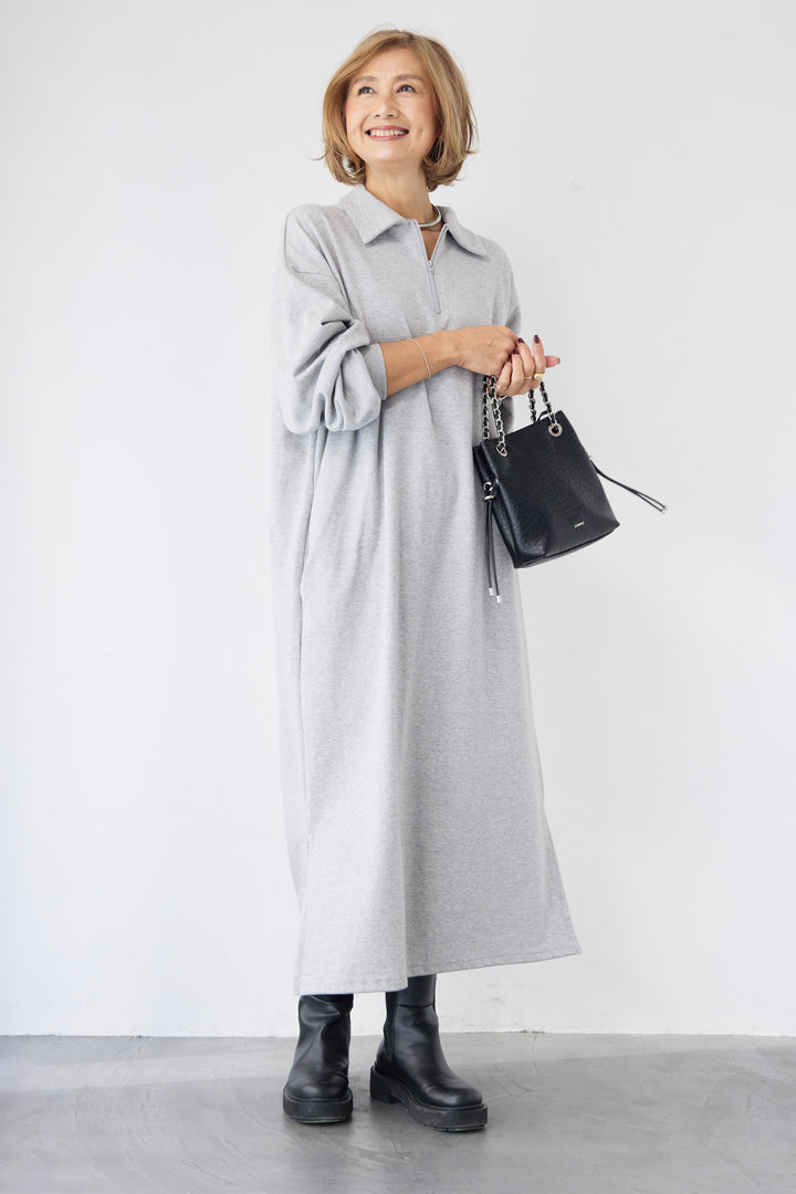 ハーフジップ・ルーズスウェットマキシワンピース