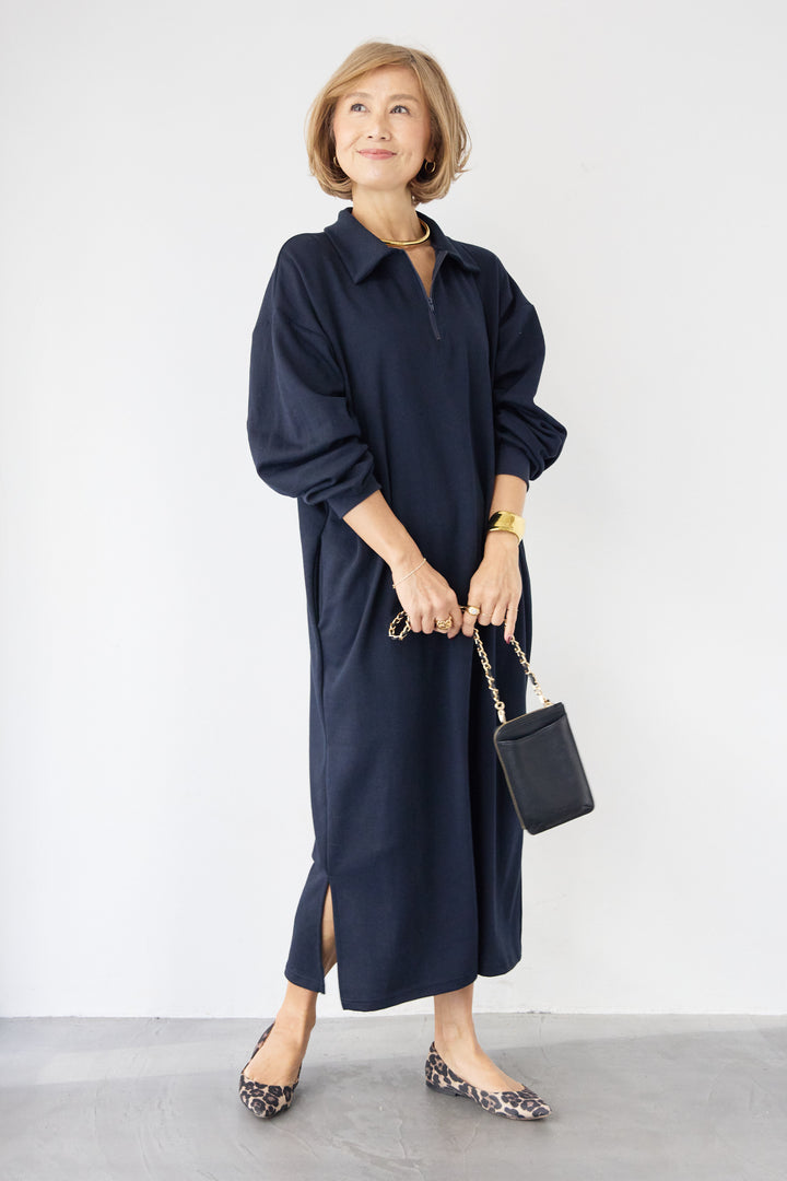 ハーフジップ・ルーズスウェットマキシワンピース