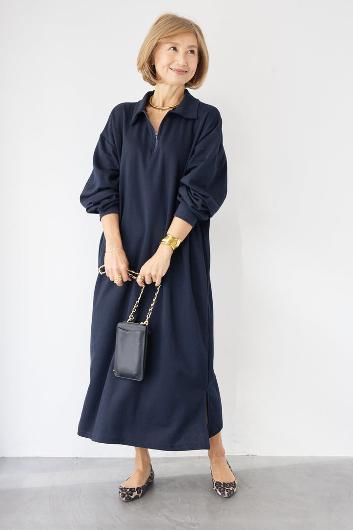 ハーフジップ・ルーズスウェットマキシワンピース