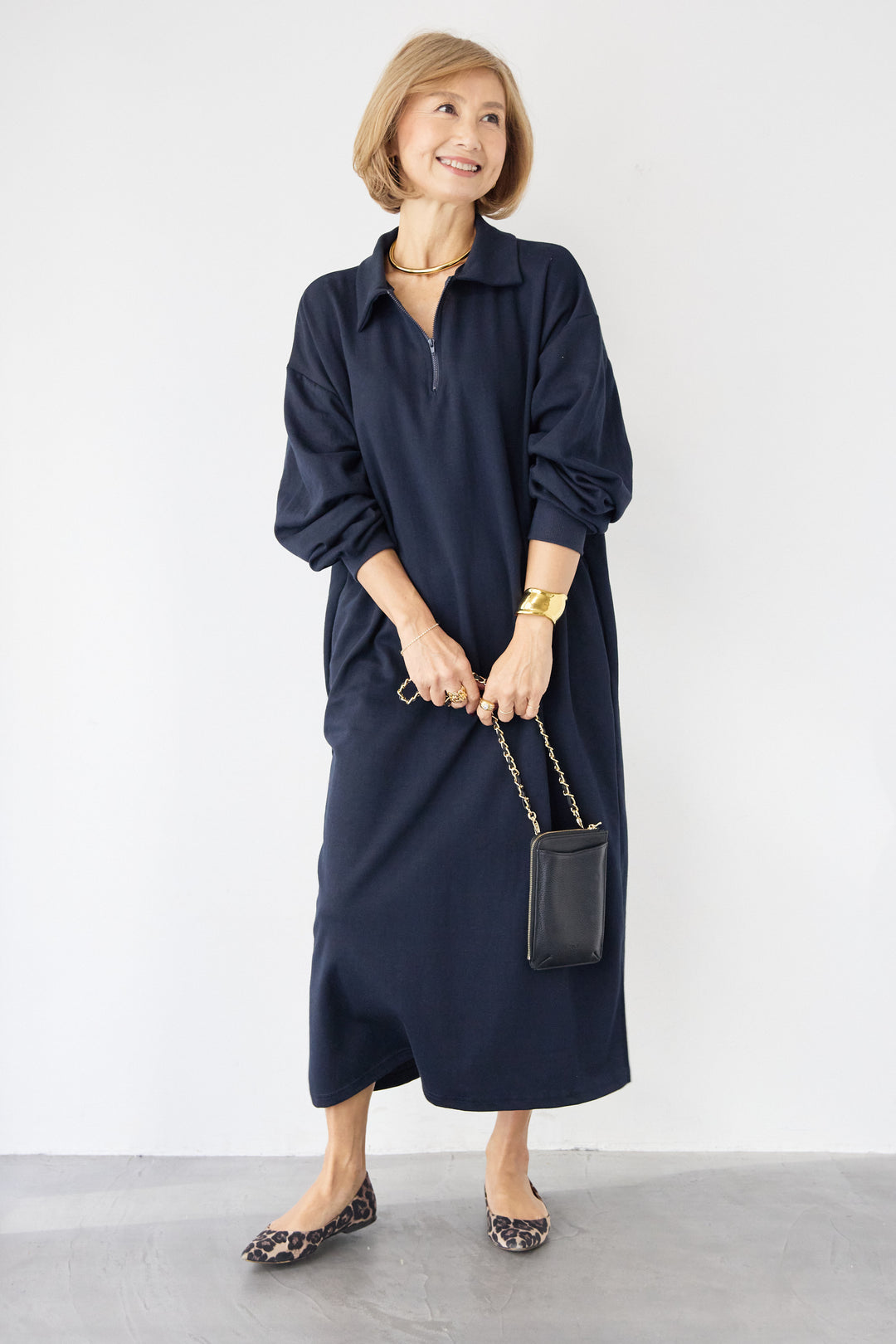 ハーフジップ・ルーズスウェットマキシワンピース