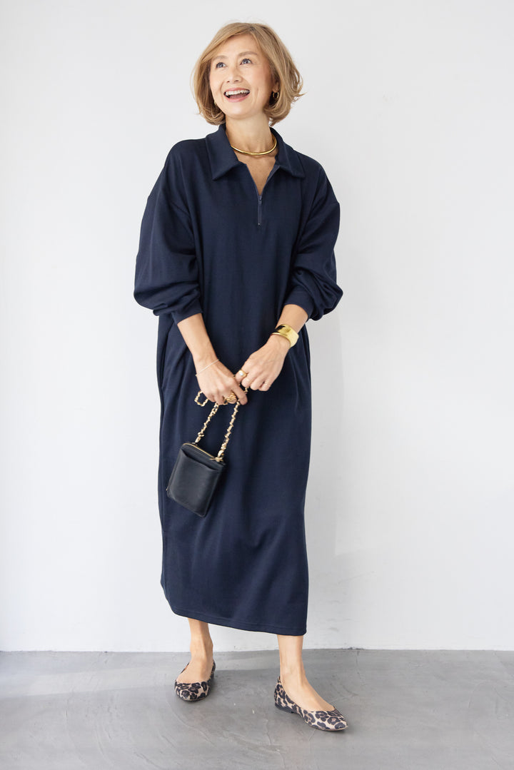 ハーフジップ・ルーズスウェットマキシワンピース