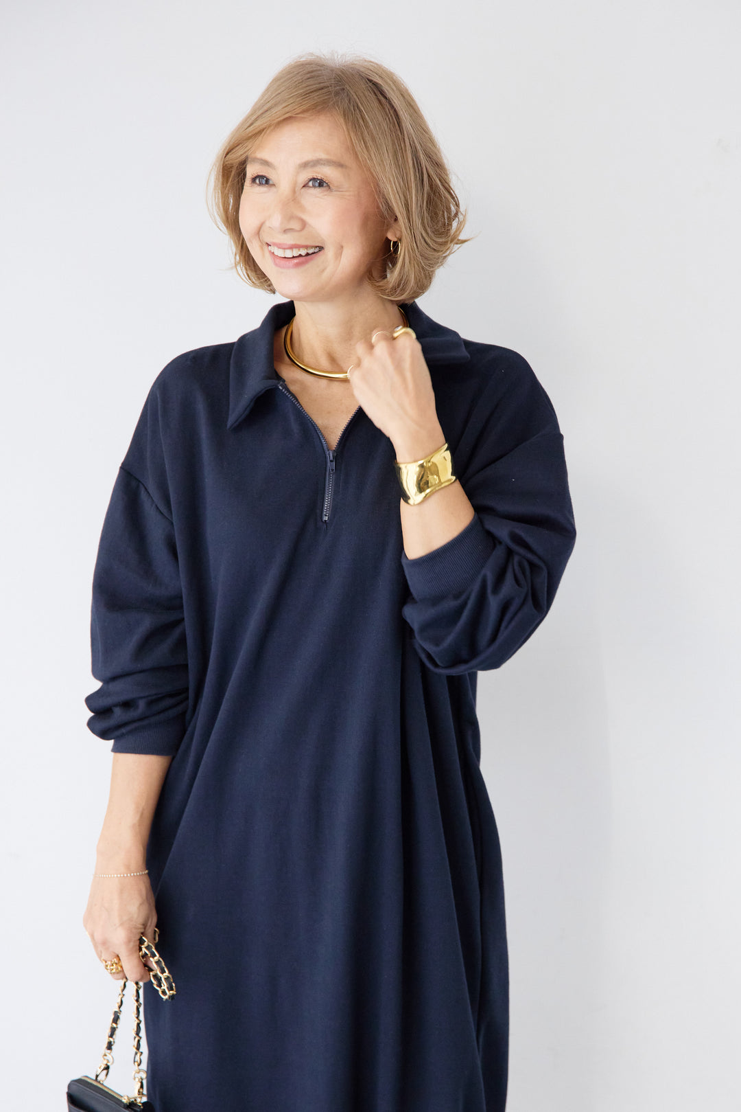 ハーフジップ・ルーズスウェットマキシワンピース