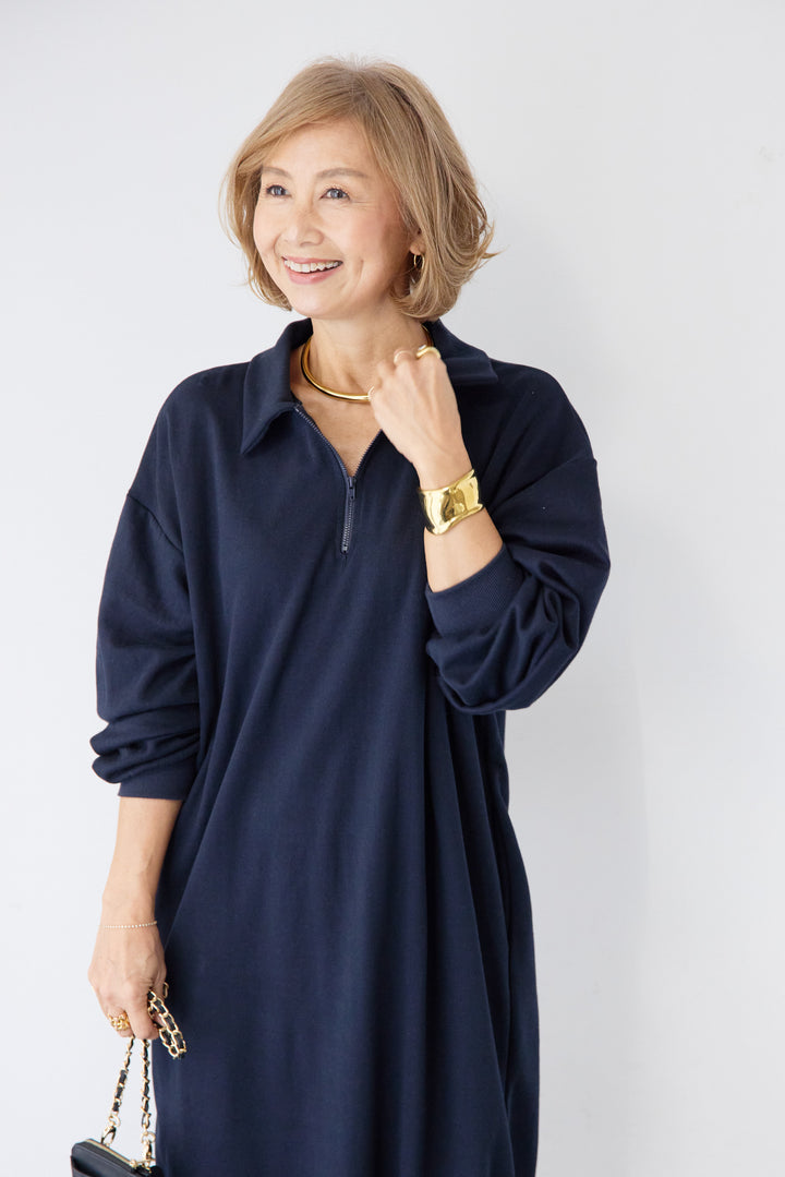 ハーフジップ・ルーズスウェットマキシワンピース