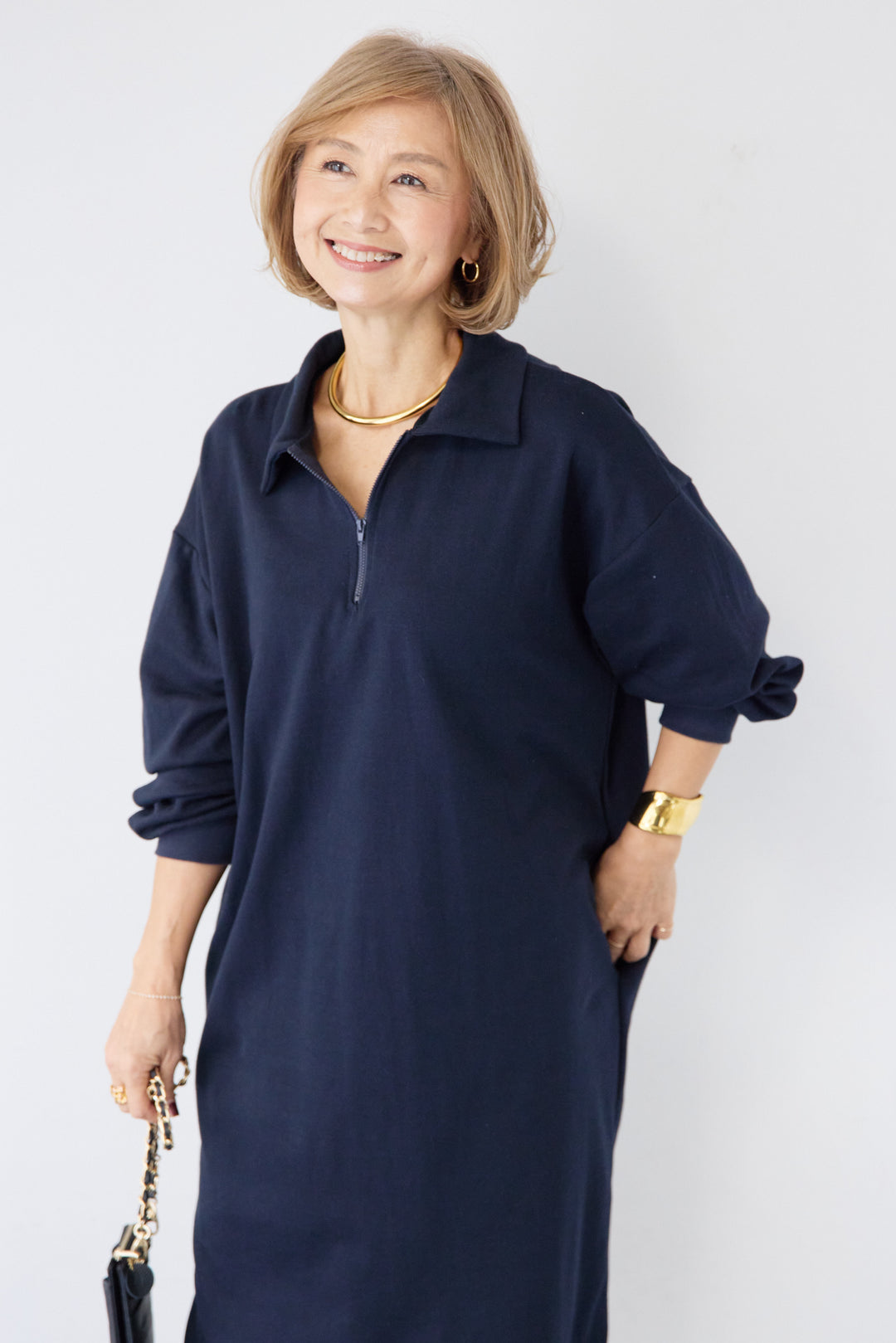 ハーフジップ・ルーズスウェットマキシワンピース