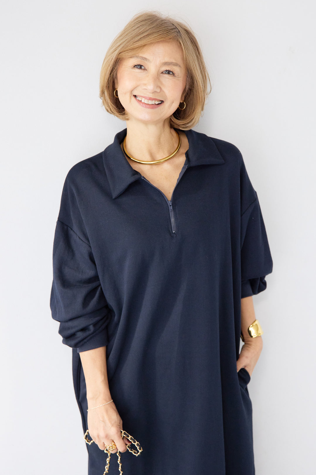 ハーフジップ・ルーズスウェットマキシワンピース