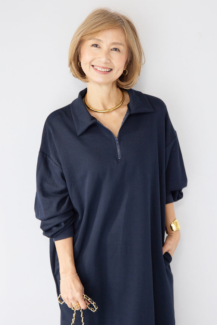 ハーフジップ・ルーズスウェットマキシワンピース