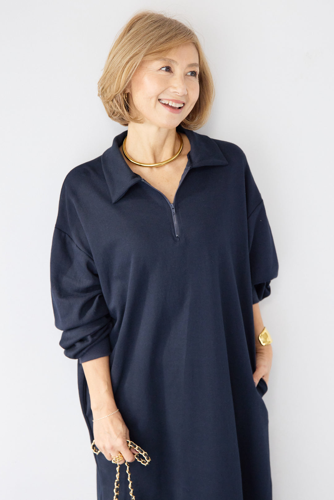 ハーフジップ・ルーズスウェットマキシワンピース