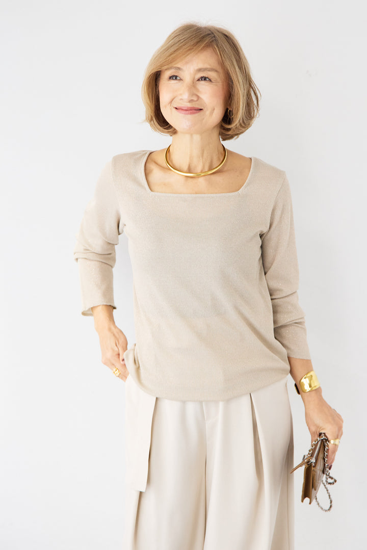 グリッターリブ スクエアネック・シアーカットソー