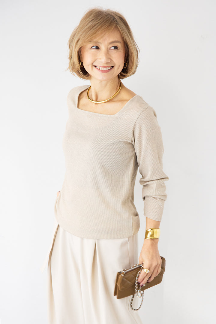 グリッターリブ スクエアネック・シアーカットソー