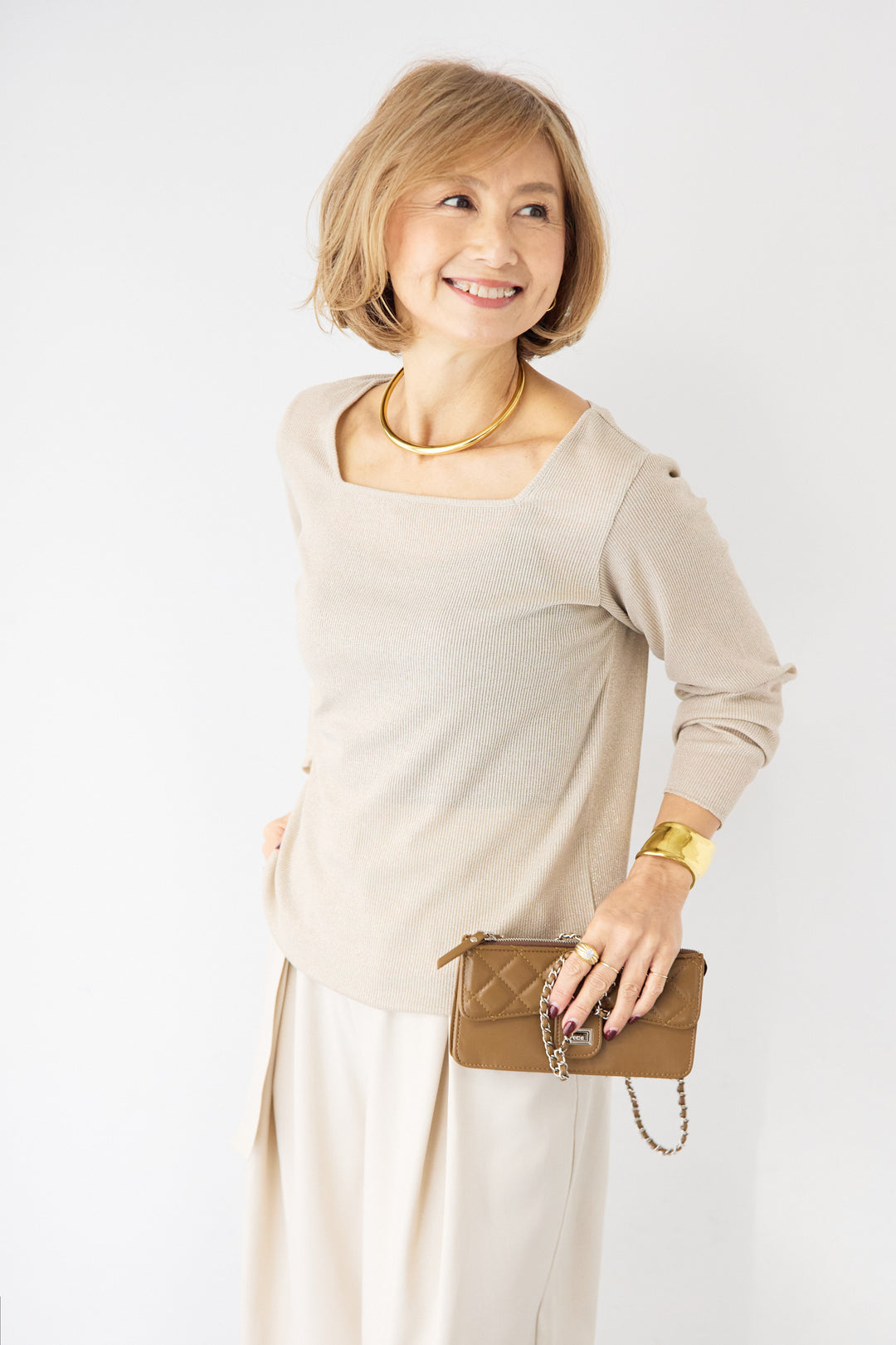 グリッターリブ スクエアネック・シアーカットソー