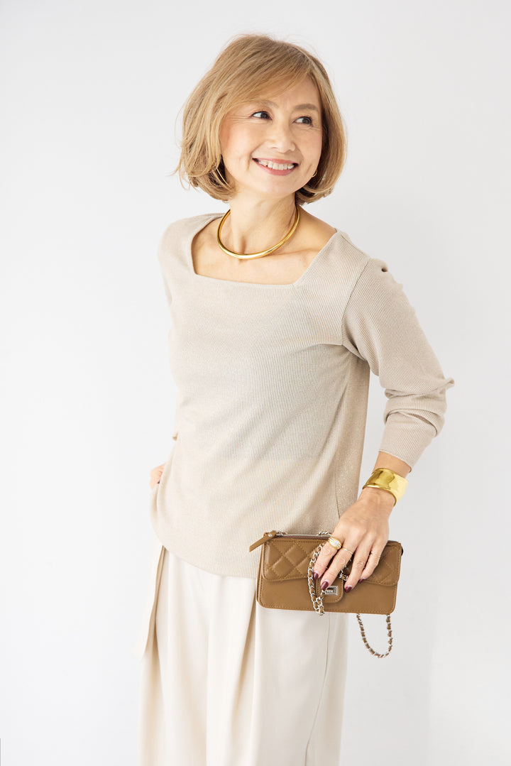 グリッターリブ スクエアネック・シアーカットソー