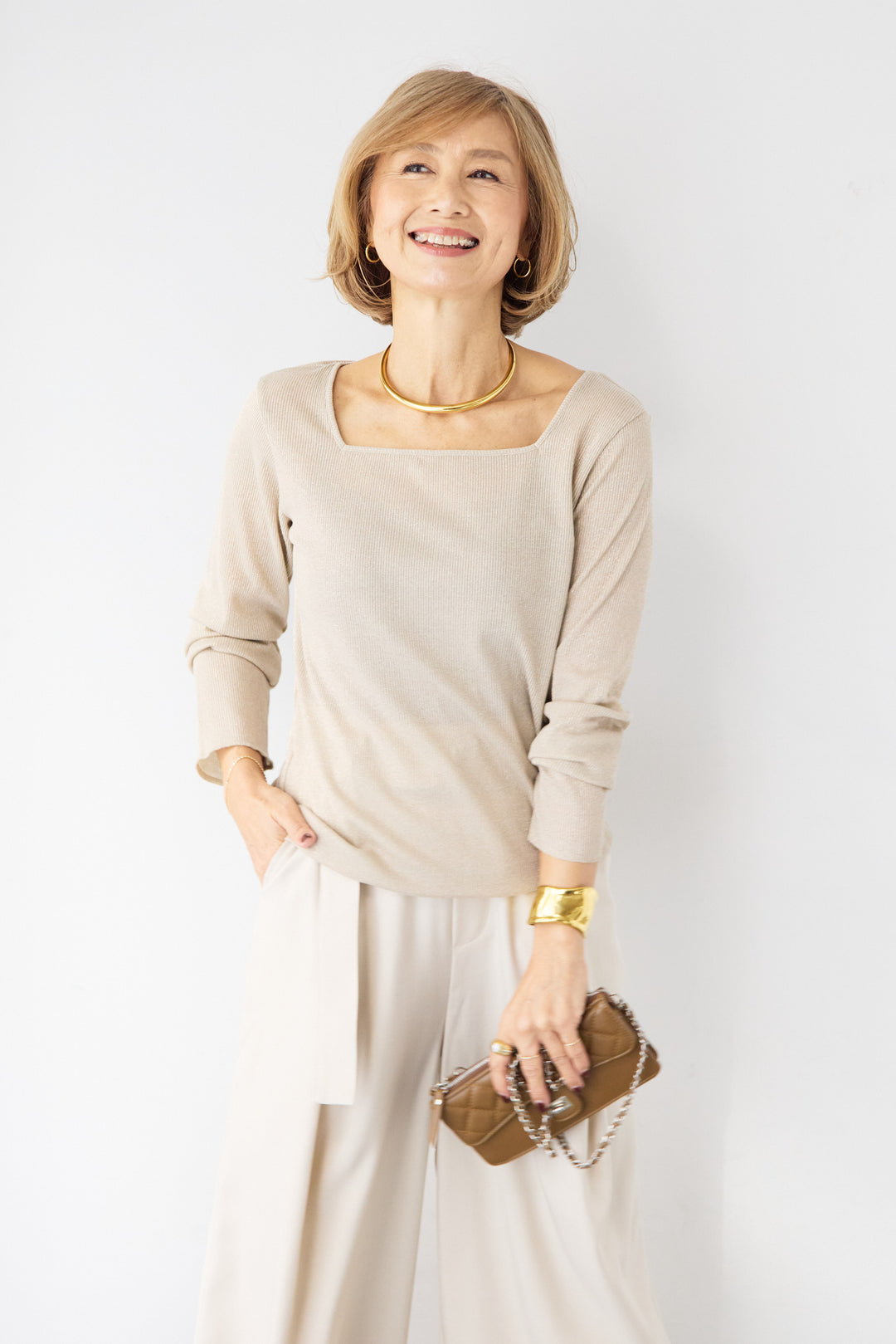 グリッターリブ スクエアネック・シアーカットソー