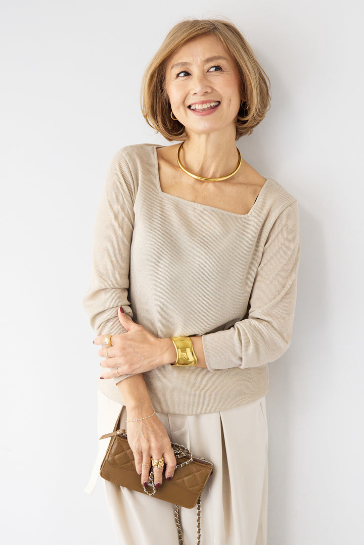 グリッターリブ スクエアネック・シアーカットソー