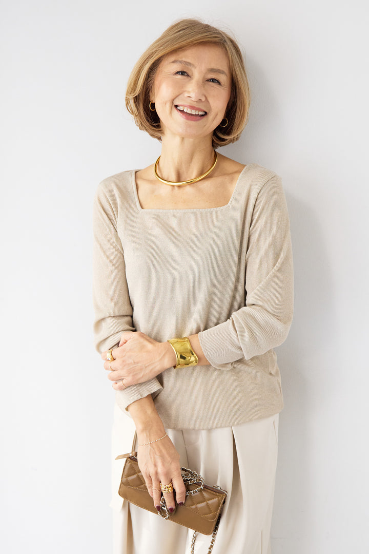 グリッターリブ スクエアネック・シアーカットソー