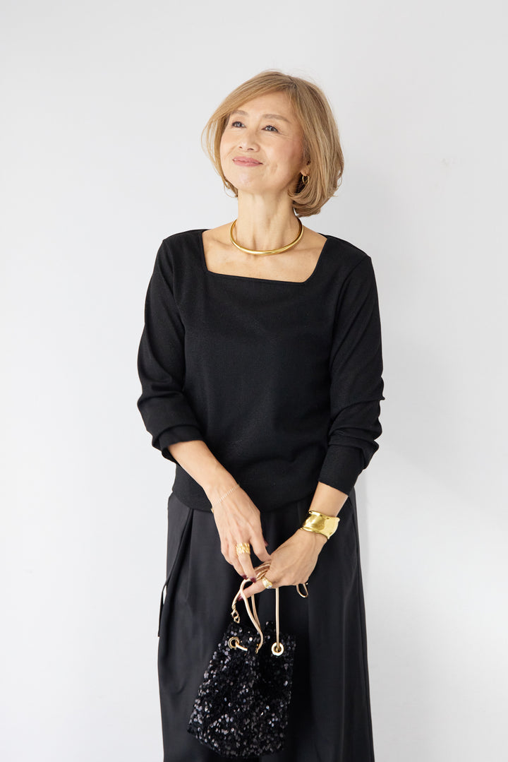 グリッターリブ スクエアネック・シアーカットソー