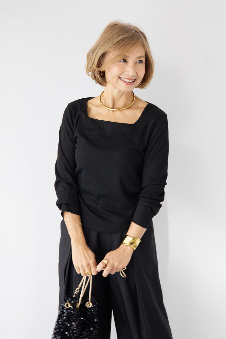 グリッターリブ スクエアネック・シアーカットソー