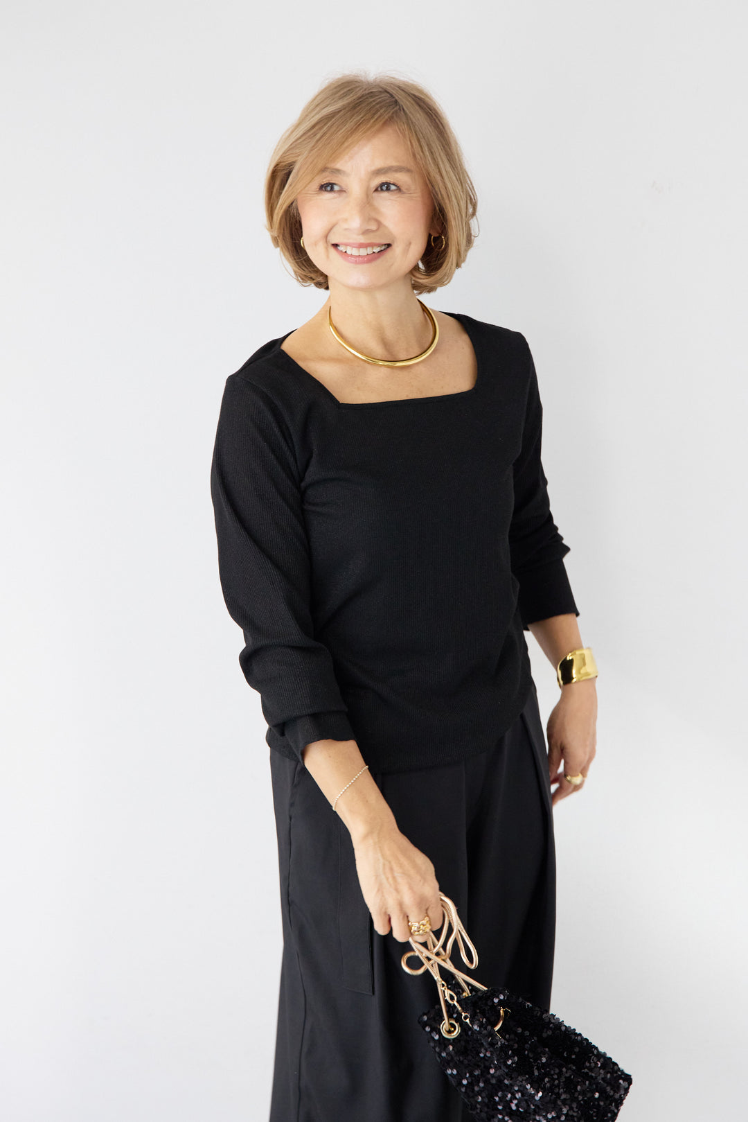 グリッターリブ スクエアネック・シアーカットソー