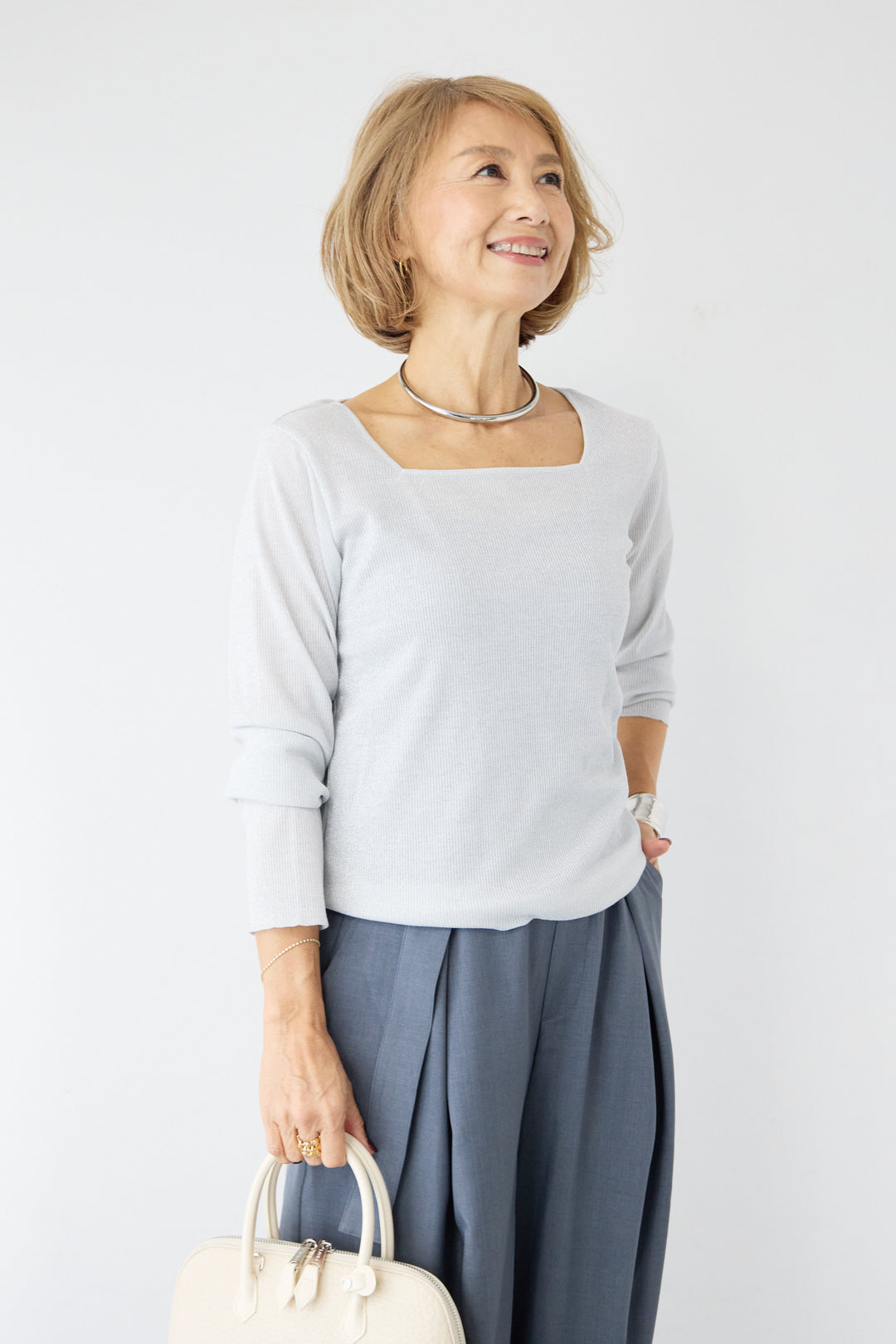 グリッターリブ スクエアネック・シアーカットソー