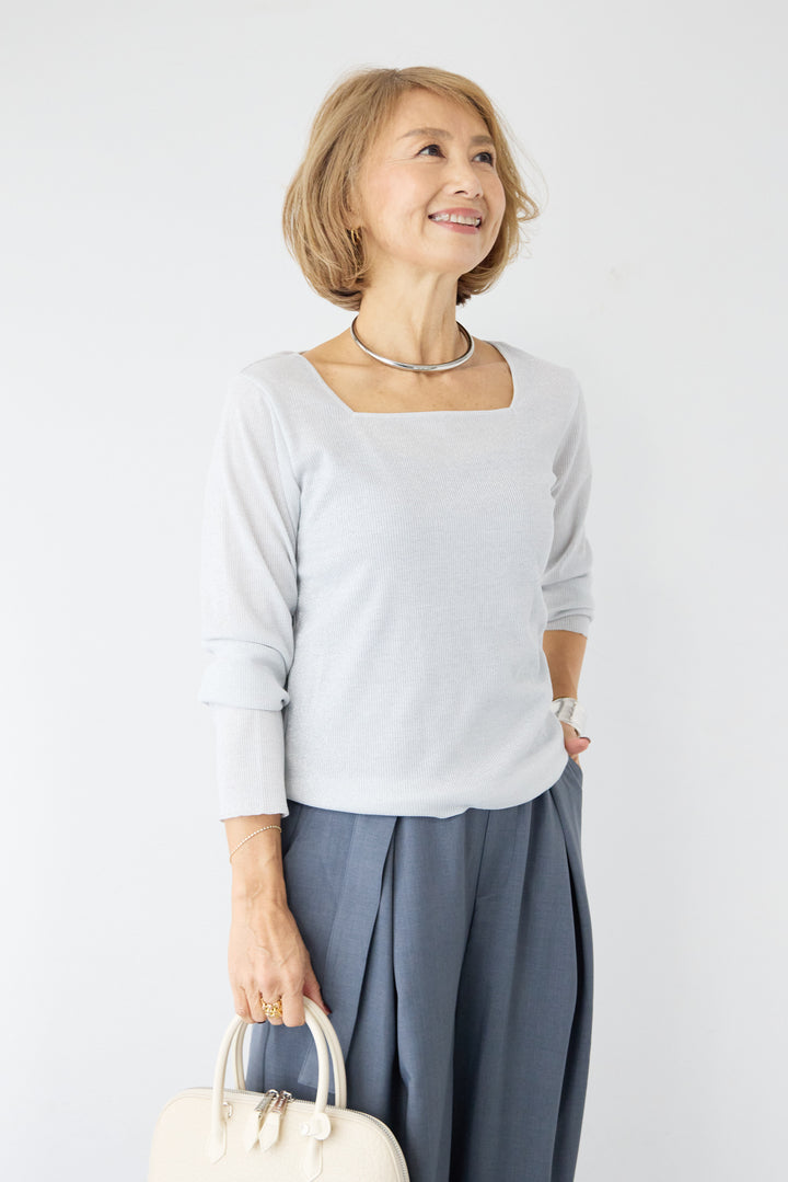 グリッターリブ スクエアネック・シアーカットソー