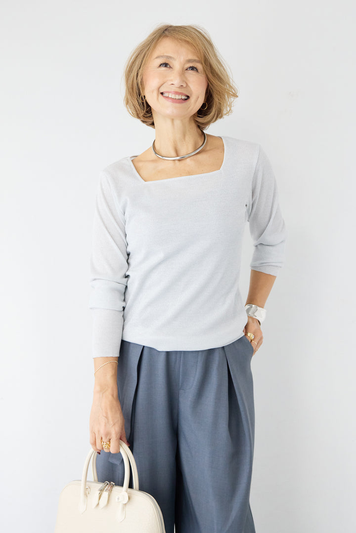 グリッターリブ スクエアネック・シアーカットソー