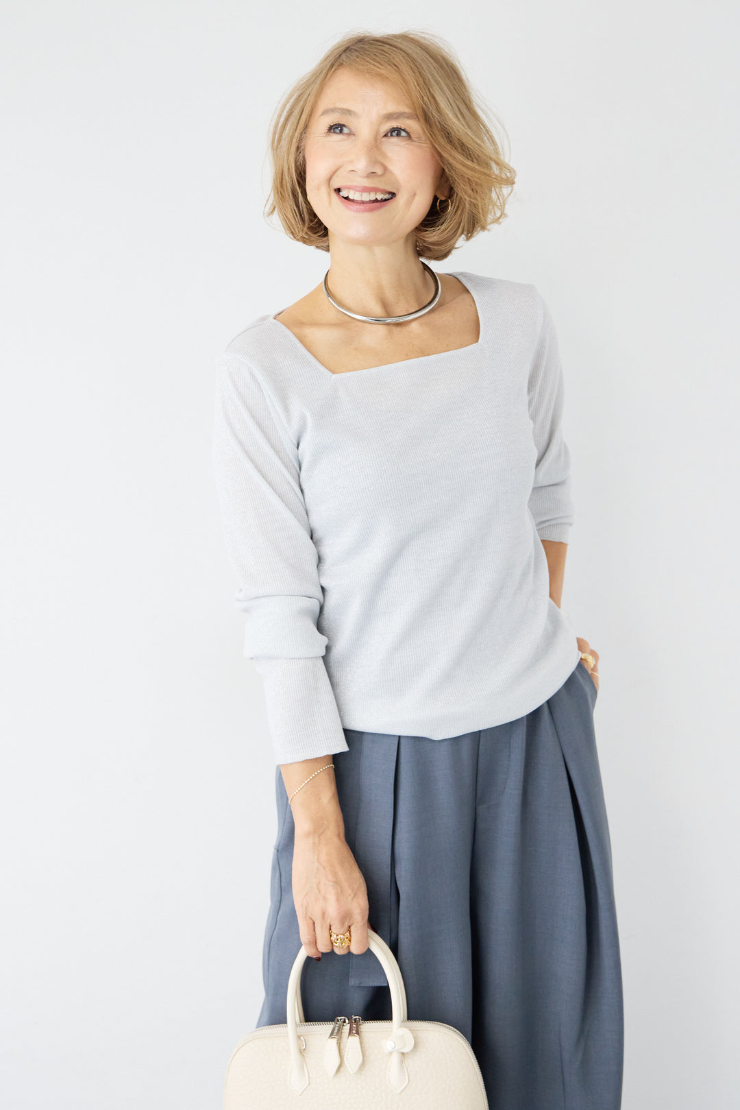 グリッターリブ スクエアネック・シアーカットソー