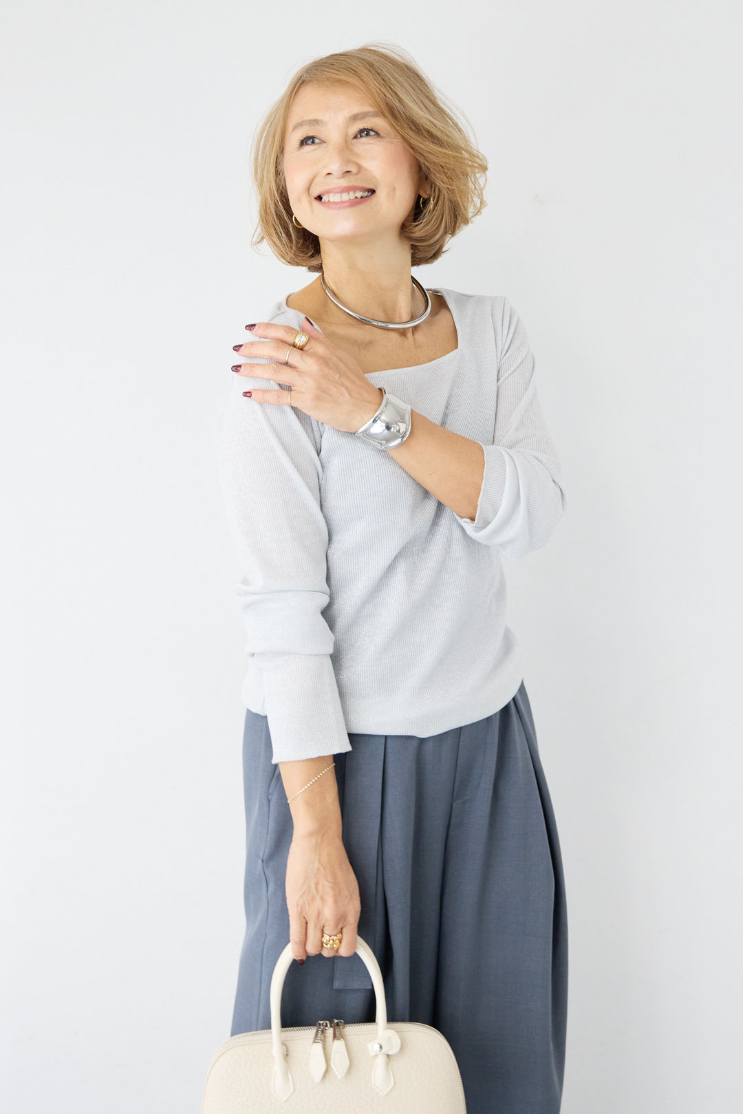 グリッターリブ スクエアネック・シアーカットソー