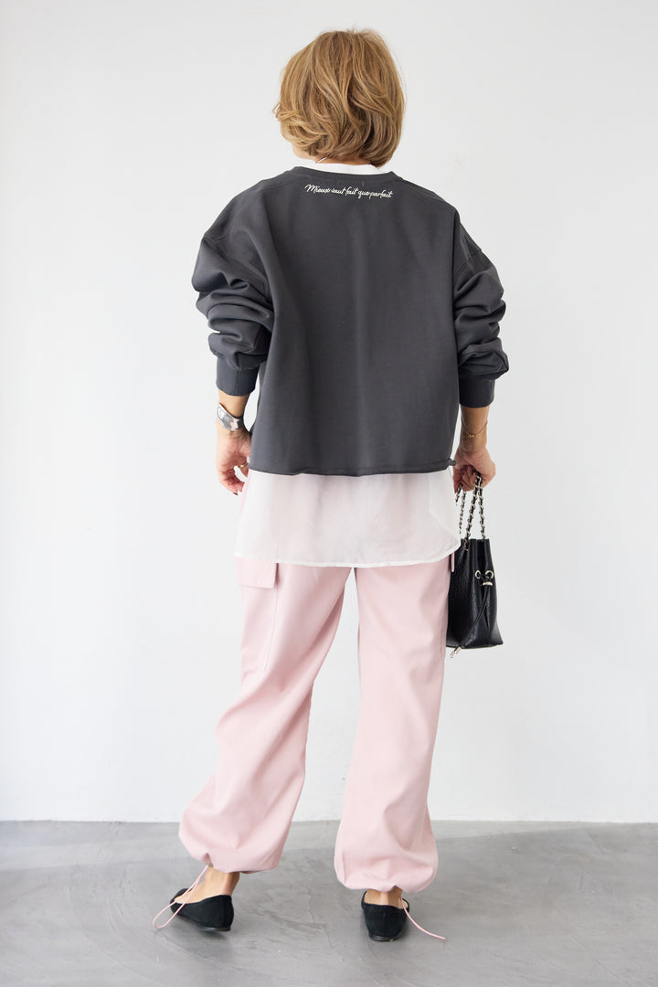 [SET]深Vネック ロゴ刺繍 ショートスウェットプルオーバー+ジョーゼットライク・カーゴジョガーパンツ(2set)