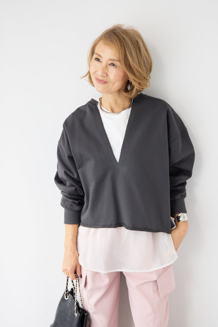 [SET]深Vネック ロゴ刺繍 ショートスウェットプルオーバー+ジョーゼットライク・カーゴジョガーパンツ(2set)