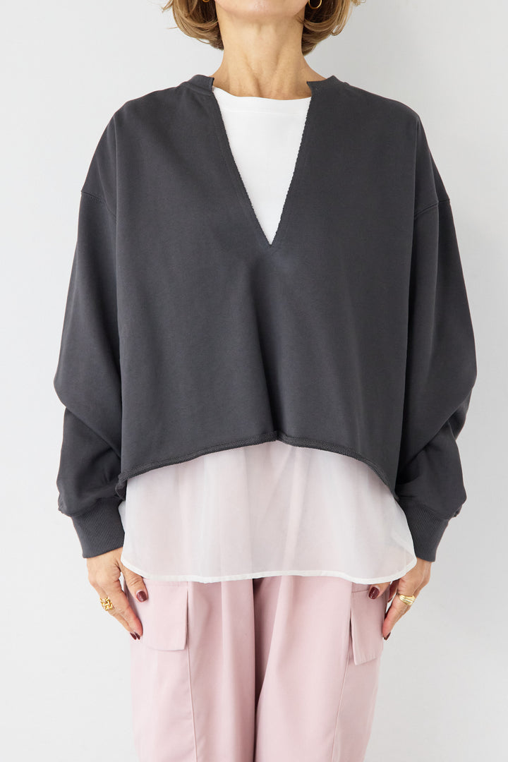 [SET]深Vネック ロゴ刺繍 ショートスウェットプルオーバー+ジョーゼットライク・カーゴジョガーパンツ(2set)