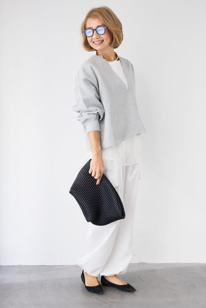 [SET]深Vネック ロゴ刺繍 ショートスウェットプルオーバー+ジョーゼットライク・カーゴジョガーパンツ(2set)