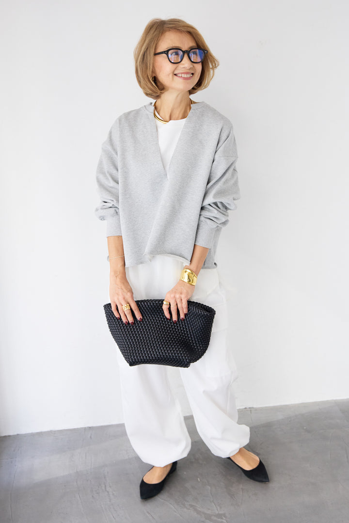 [SET]深Vネック ロゴ刺繍 ショートスウェットプルオーバー+ジョーゼットライク・カーゴジョガーパンツ(2set)