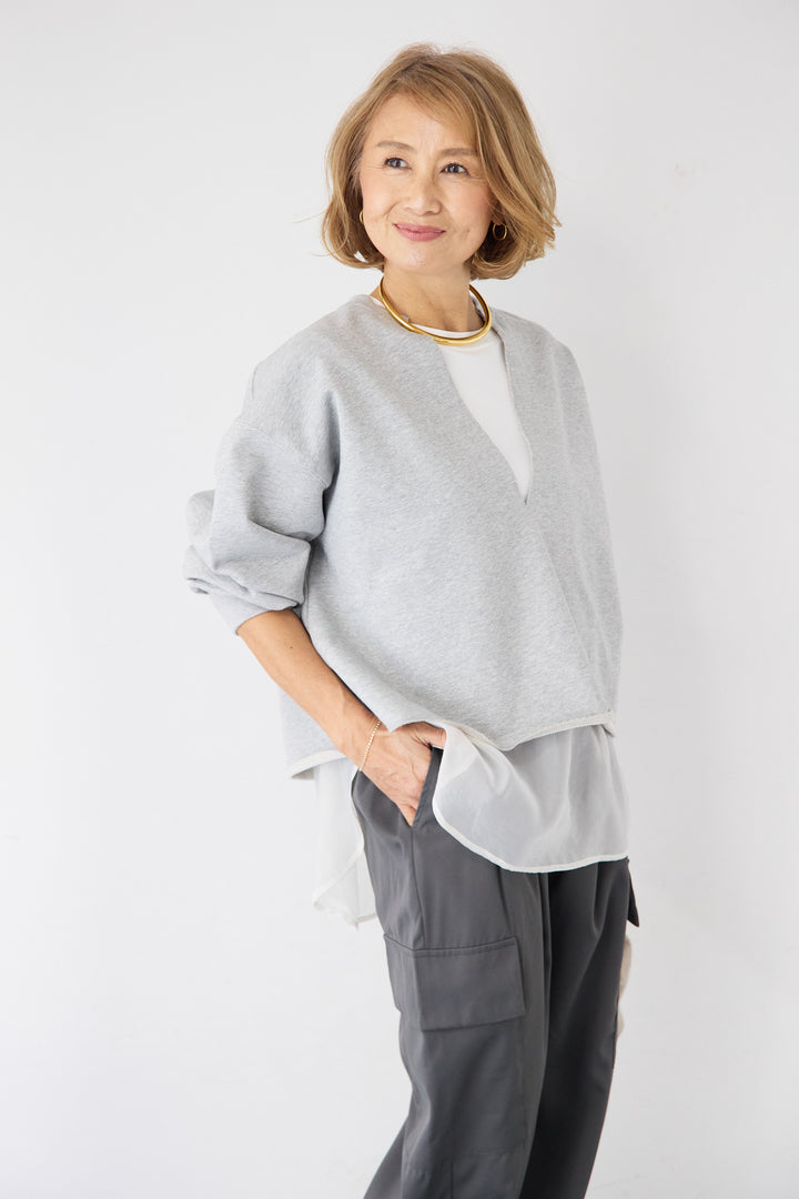 [SET]深Vネック ロゴ刺繍 ショートスウェットプルオーバー+ジョーゼットライク・カーゴジョガーパンツ(2set)