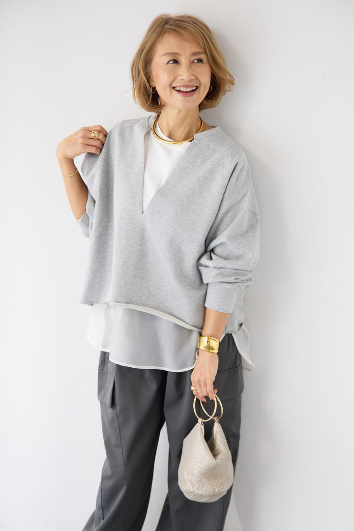 [SET]深Vネック ロゴ刺繍 ショートスウェットプルオーバー+ジョーゼットライク・カーゴジョガーパンツ(2set)