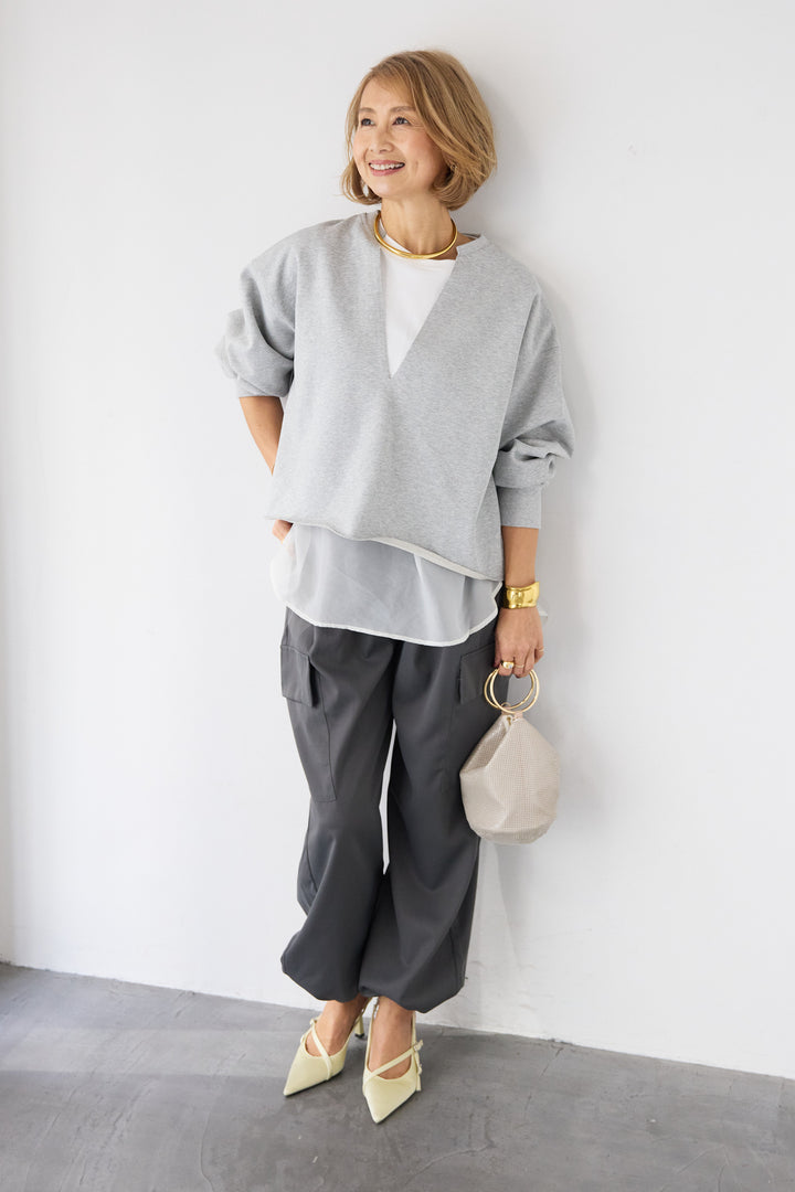 [SET]深Vネック ロゴ刺繍 ショートスウェットプルオーバー+ジョーゼットライク・カーゴジョガーパンツ(2set)