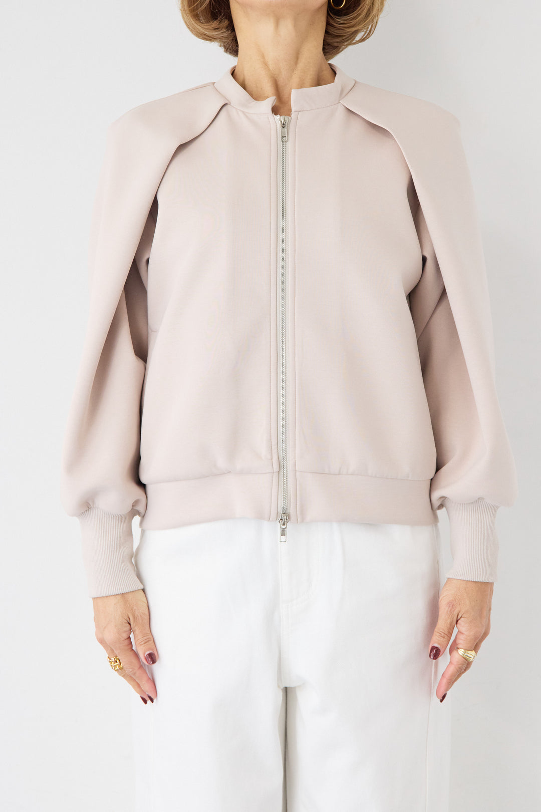 [SET]ケープスリーブ・ショルダータックブルゾン+フロントライン セミワイド ストレートデニム(2set)