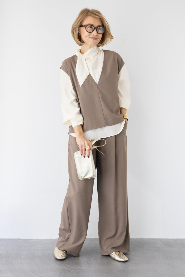 [SET]ボウタイ風ハイネック ボリュームスリーブブラウス+【2セットアップ】Vネックショートベスト × イージーワイドパンツ(2set)