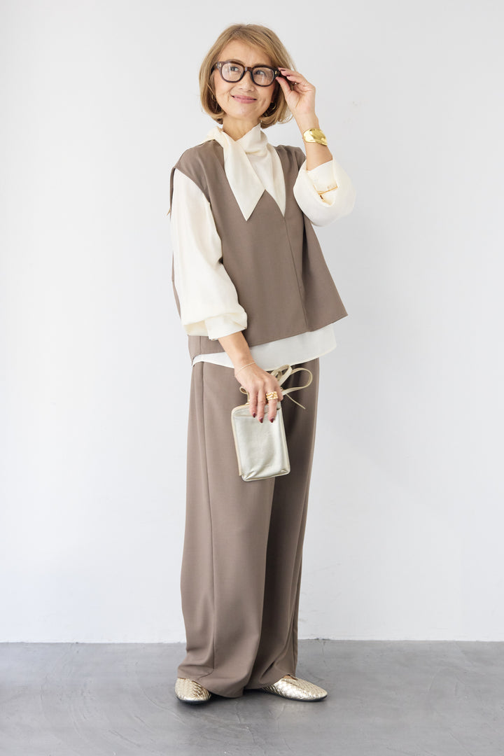 [SET]ボウタイ風ハイネック ボリュームスリーブブラウス+【2セットアップ】Vネックショートベスト × イージーワイドパンツ(2set)