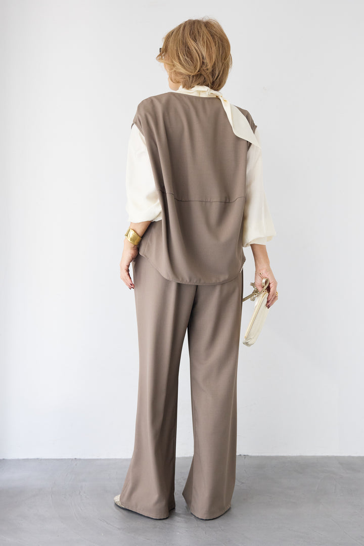 [SET]ボウタイ風ハイネック ボリュームスリーブブラウス+【2セットアップ】Vネックショートベスト × イージーワイドパンツ(2set)