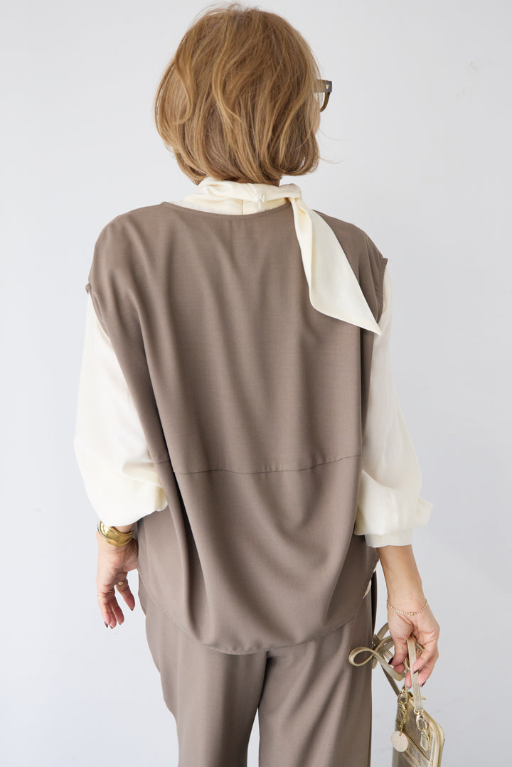 [SET]ボウタイ風ハイネック ボリュームスリーブブラウス+【2セットアップ】Vネックショートベスト × イージーワイドパンツ(2set)