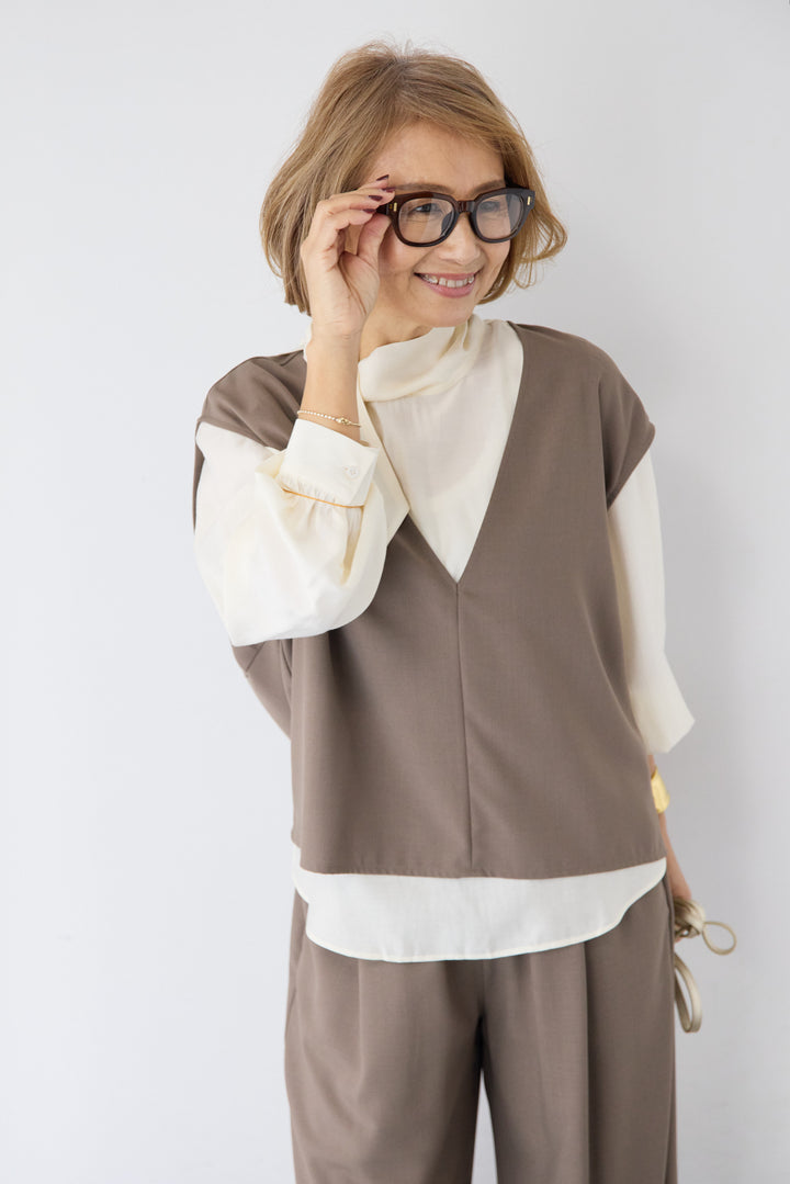 [SET]ボウタイ風ハイネック ボリュームスリーブブラウス+【2セットアップ】Vネックショートベスト × イージーワイドパンツ(2set)